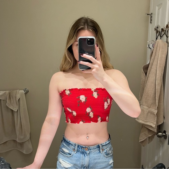 Garage Red Floral Smocked Tube Top - Picture 2 of 4